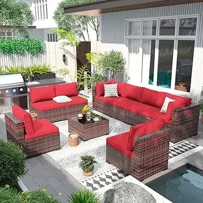 Patio Furniture Set Outdoor Modern Sectional  Wicker Couch with Glass Coffee Table, Thicken Cushions, Waterproof Cover