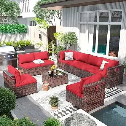 Patio Furniture Set Outdoor Modern Sectional  Wicker Couch with Glass Coffee Table, Thicken Cushions, Waterproof Cover