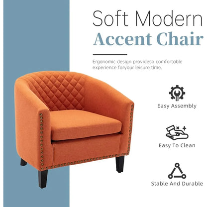 Accent PU Barrel Chair Living Room Chair, Upholstered Sofa Club Chair with Nail-Heads and Solid Wood Legs for Bedroom, Office,