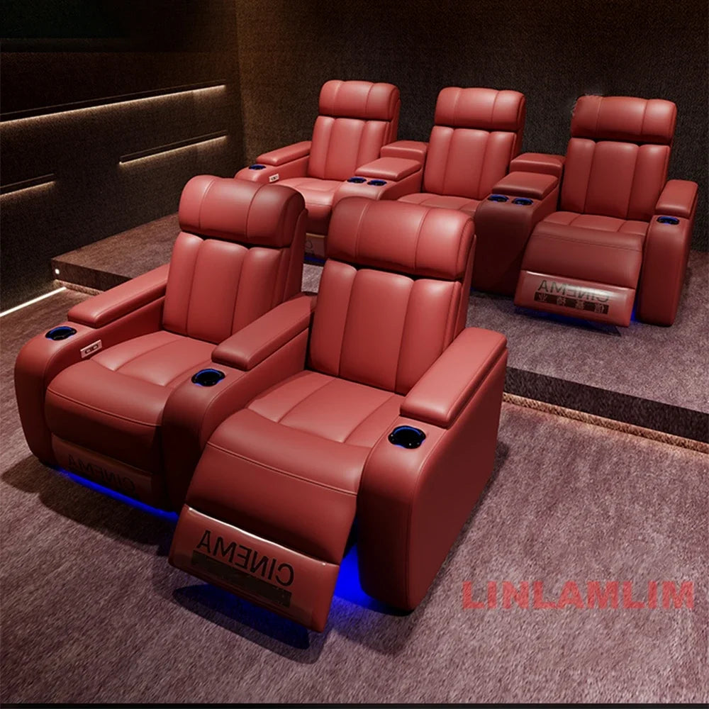 Linlimlam Luxury Genuine Leather Electric Recliners Cinema Chairs with Cup Holder, LED Light – Home Theater Power Reclining Sofa