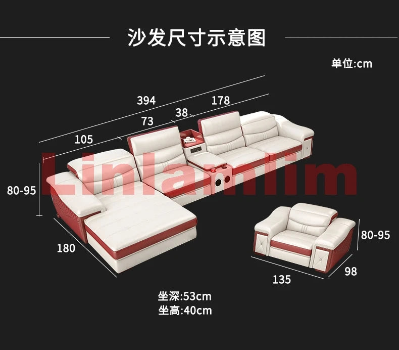 MANBAS Italian Cow Genuine Leather Couch Set Big Sofas Modernos Para Sala with Speaker, Bluetooth Audio, USB Charging,Storage