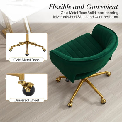 "contemporary swivel ergonomic chair with velvet upholstery and adjustable height on gold base"