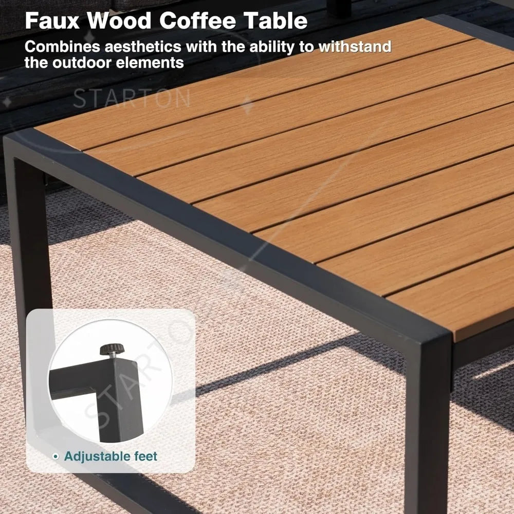 6 Pieces Outdoor Sectional Sofa Set Metal Patio Furniture Set,  with Side Table, L Shape Patio Conversation Set with Faux-Wood