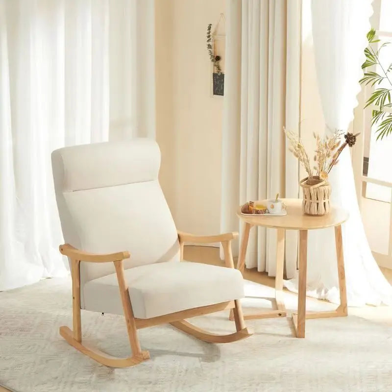 Wooden Rocking Chair Lounge Chair High Backrest Rocking Armchair Accent Chair with Lumber Pillow