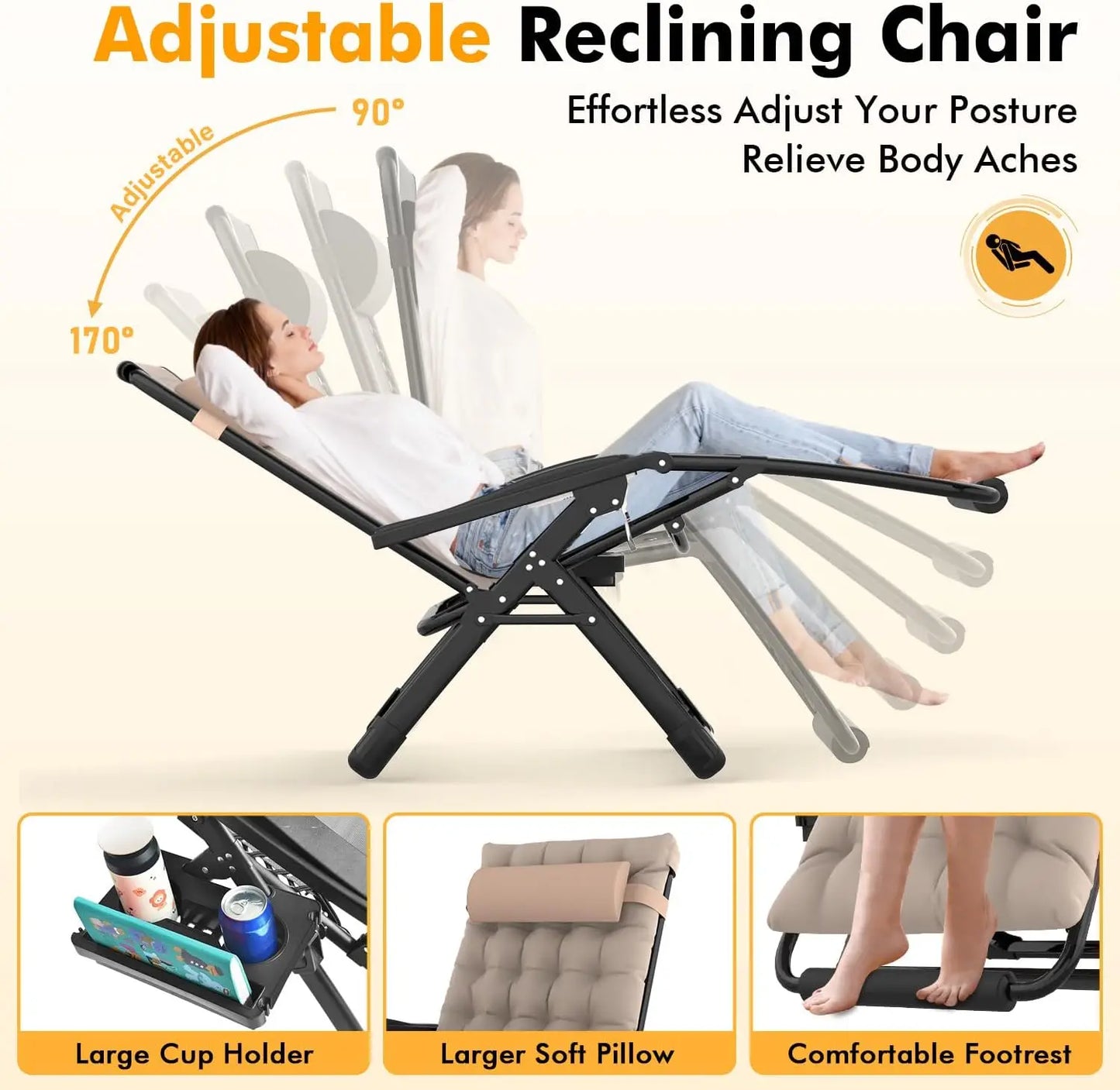 Oversized Zero Gravity Chair XXL, Padded Recliner with Aluminum Lock, Headrest, Cup Holder, Supports 500lbs, Khaki