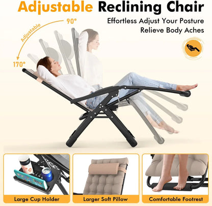 Oversized Zero Gravity Chair XXL, Padded Recliner with Aluminum Lock, Headrest, Cup Holder, Supports 500lbs, Khaki
