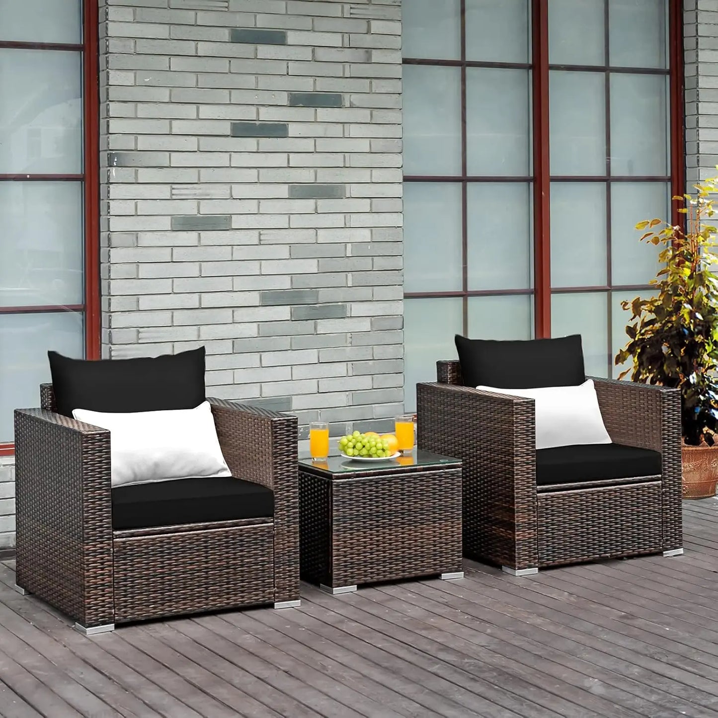 3 Pieces Patio Furniture Set, Outdoor Conversation Rattan Furniture Set w/Washable Cushion and Tempered Glass Tabletop, PE Ratta