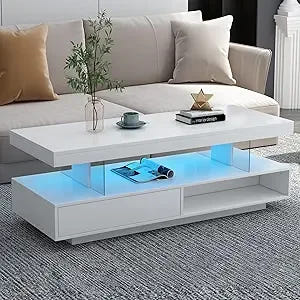 Modern LED Coffee Table with Storage, High Gloss Cocktail Center Table with Drawers