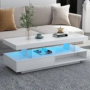 Modern LED Coffee Table with Storage, High Gloss Cocktail Center Table with Drawers