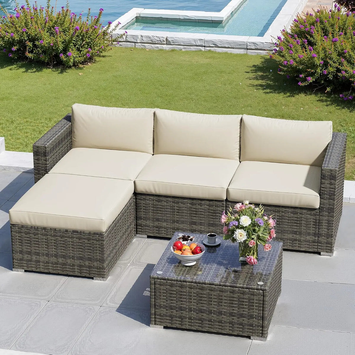 Seven Piece Patio Set, Outdoor Furniture With Glass Tea Table, PE Rattan Wicker Conversation Group, Includes Washable Cushions