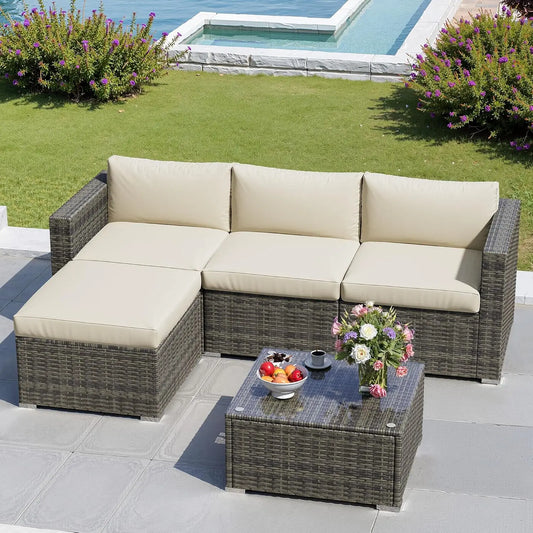 Seven Piece Patio Set, Outdoor Furniture With Glass Tea Table, PE Rattan Wicker Conversation Group, Includes Washable Cushions