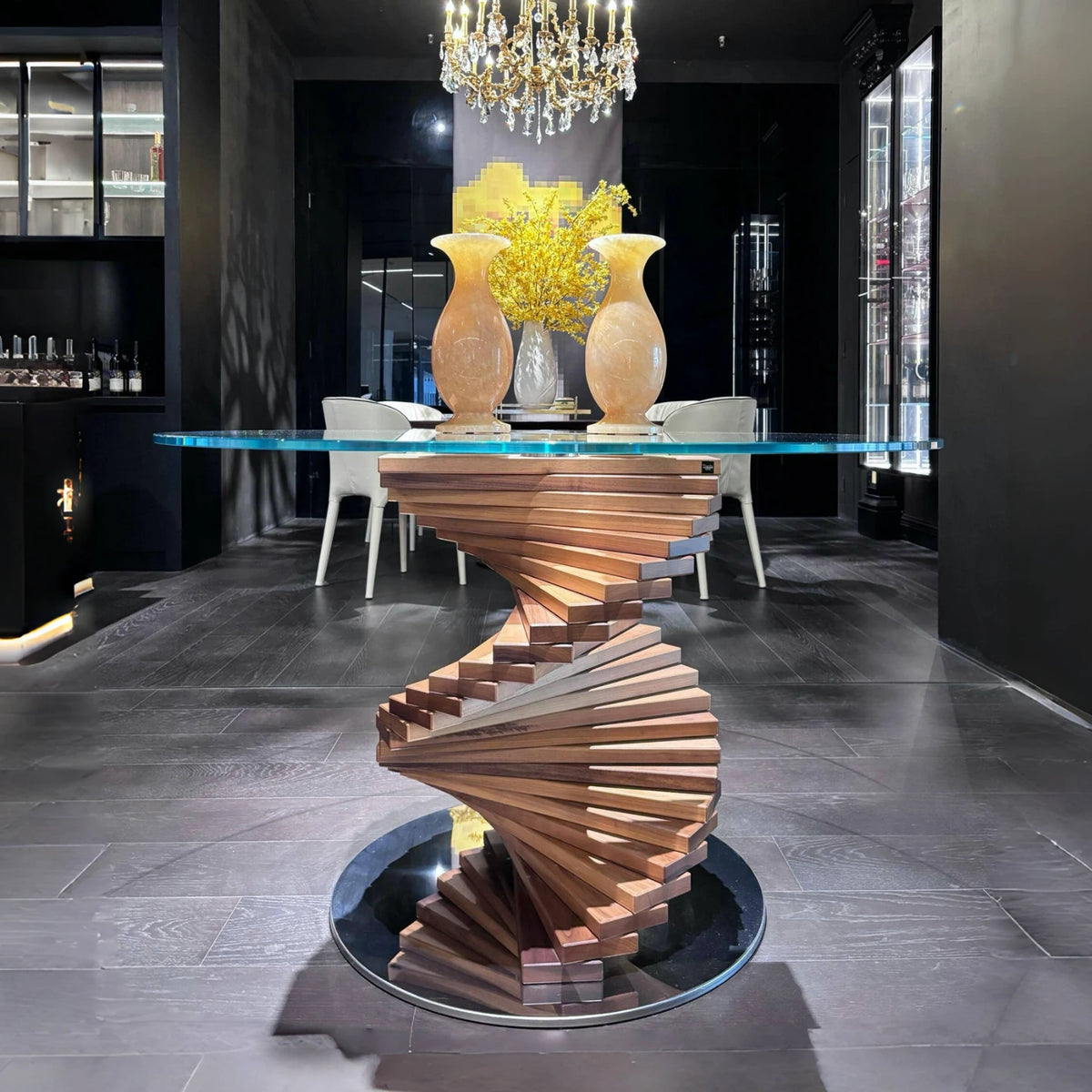 Italian retro arc design tempered glass round table light luxury special-shaped ash solid wood rotating ladder dining table