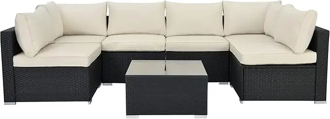7Pieces Patio Furniture Set - All-Weather Outdoor Wicker Sectional Conversation Sofa, Rattan Patio Seating Sofa Set with Cushion