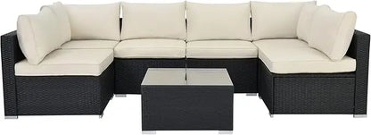 7Pieces Patio Furniture Set - All-Weather Outdoor Wicker Sectional Conversation Sofa, Rattan Patio Seating Sofa Set with Cushion