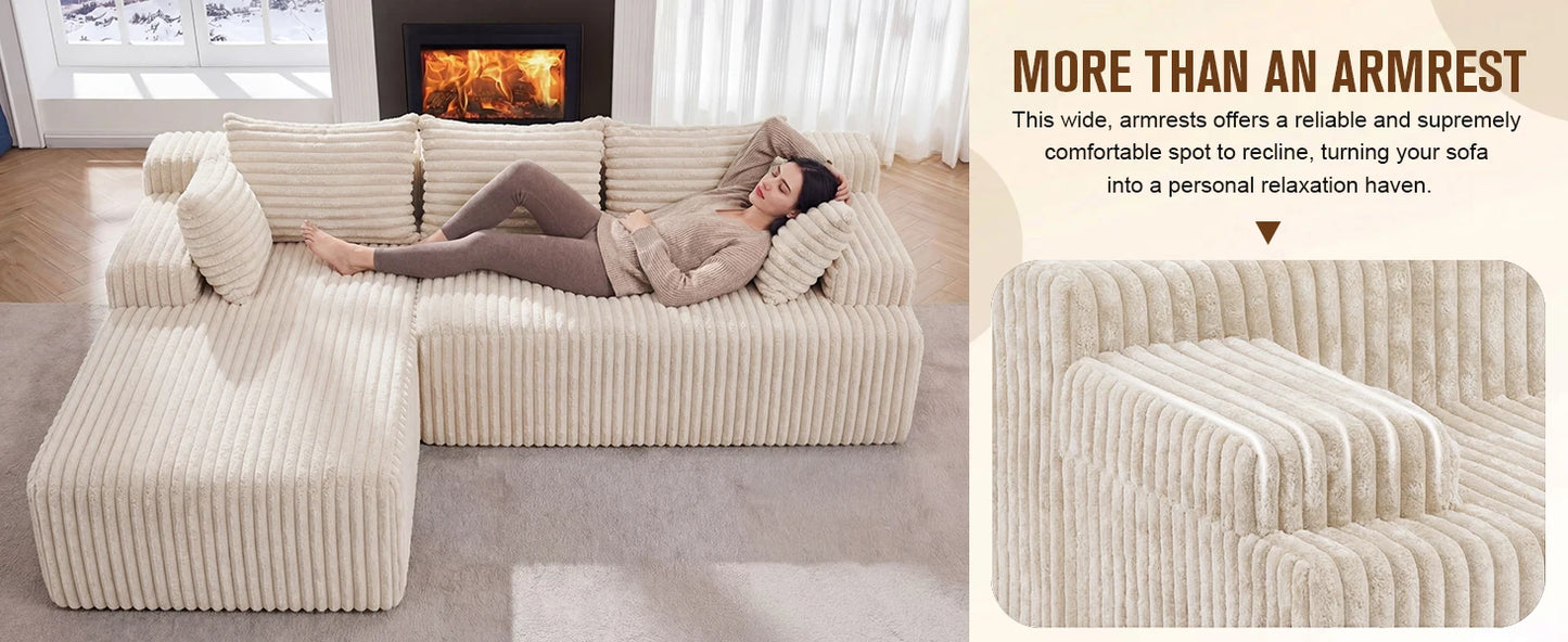 Redlife L-Shape Corduroy Sectional Sofa,Cloud-Like Couch,Boneless Couches, No Assembly Required,Deep Seat, for Living Room