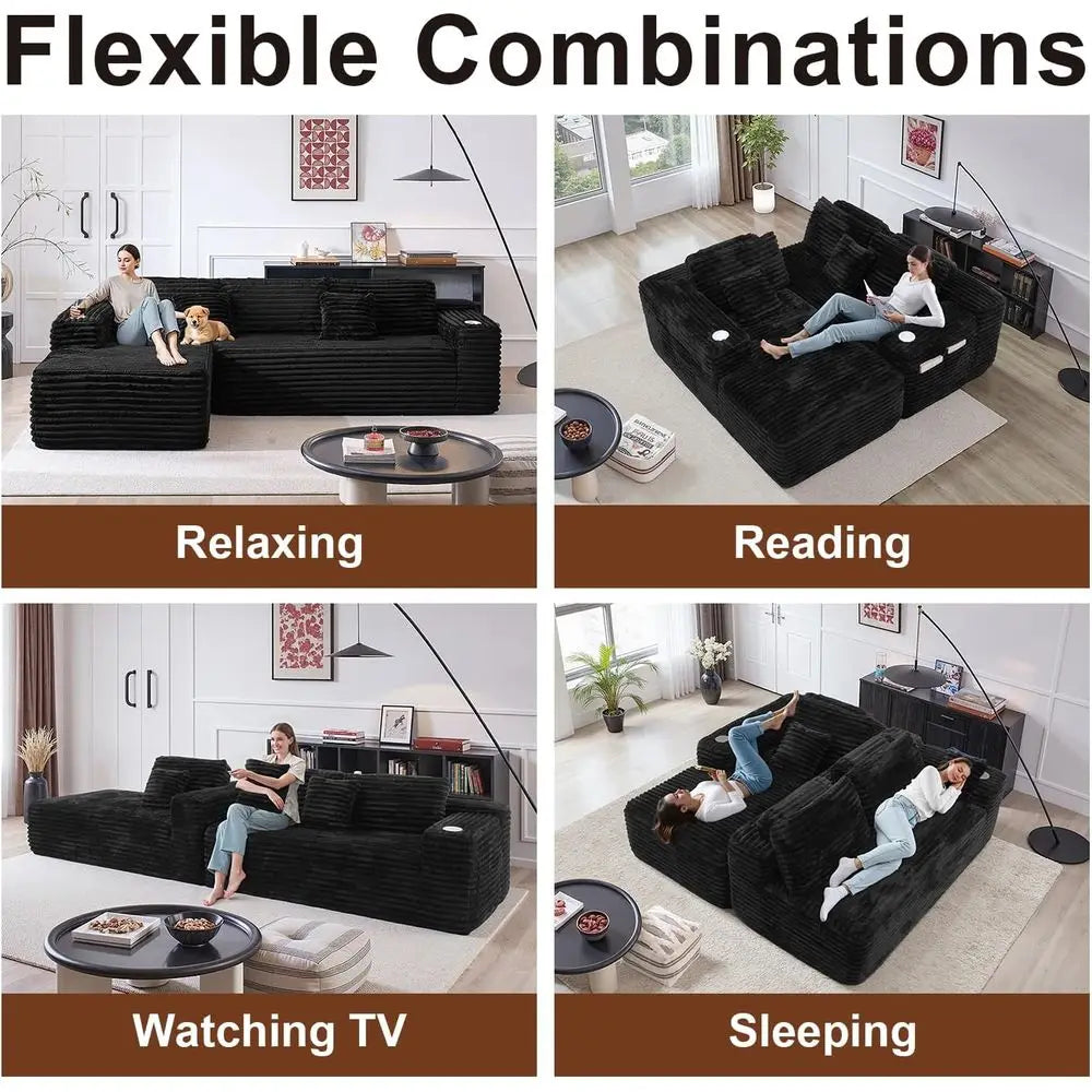 Cloud Sectional Couch with L-Shape Chaise, Modern Modular Sofa with Deep Seat, Built-in Cup Holder & Storage Pocket for Living