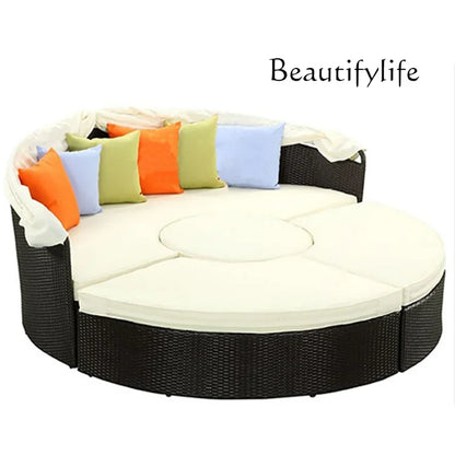 N Outdoor Lounge Leisure Ratten Bed Balcony Courtyard Sun Shade Sofa Outdoor round Bed