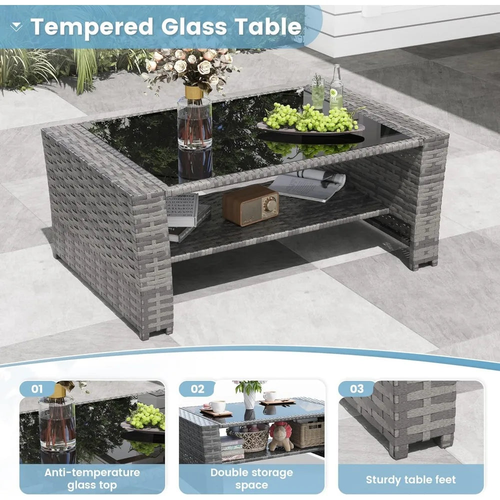 4-Piece Outdoor Wicker Patio Furniture Set, PE Rattan Sectional Sofa with Thick Cushions & Tempered Glass Table, Weather-Resist