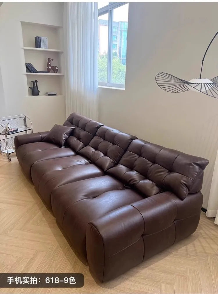 Retro oil wax leather sofa, small apartment living room straight row sofa, large sitting depth movable backrest medium ancient