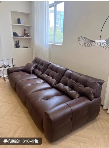 Retro oil wax leather sofa, small apartment living room straight row sofa, large sitting depth movable backrest medium ancient