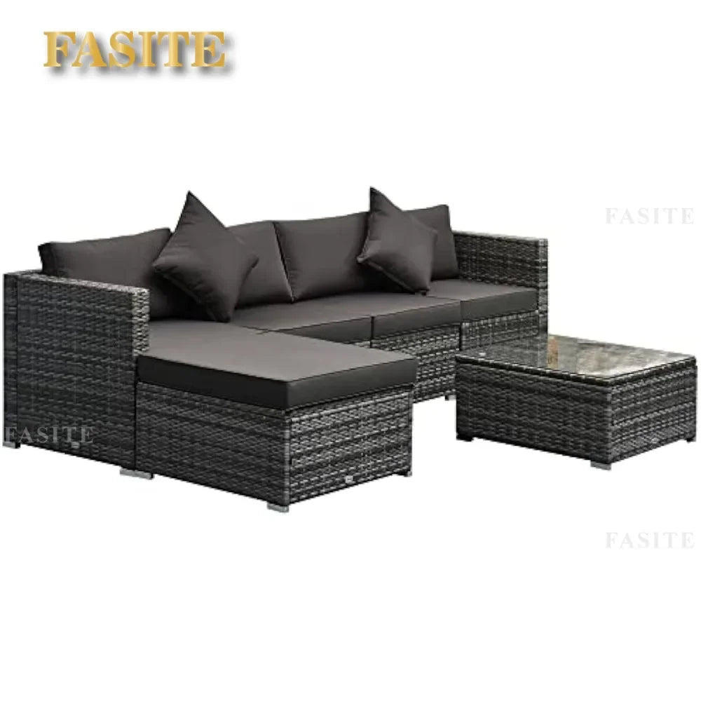 6 Piece Patio Furniture Set  Wicker All Weather PE Rattan Sectional Sofa Set, and Tempered Glass Table,Mixed Gray and Charcoal