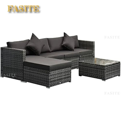 6 Piece Patio Furniture Set  Wicker All Weather PE Rattan Sectional Sofa Set, and Tempered Glass Table,Mixed Gray and Charcoal