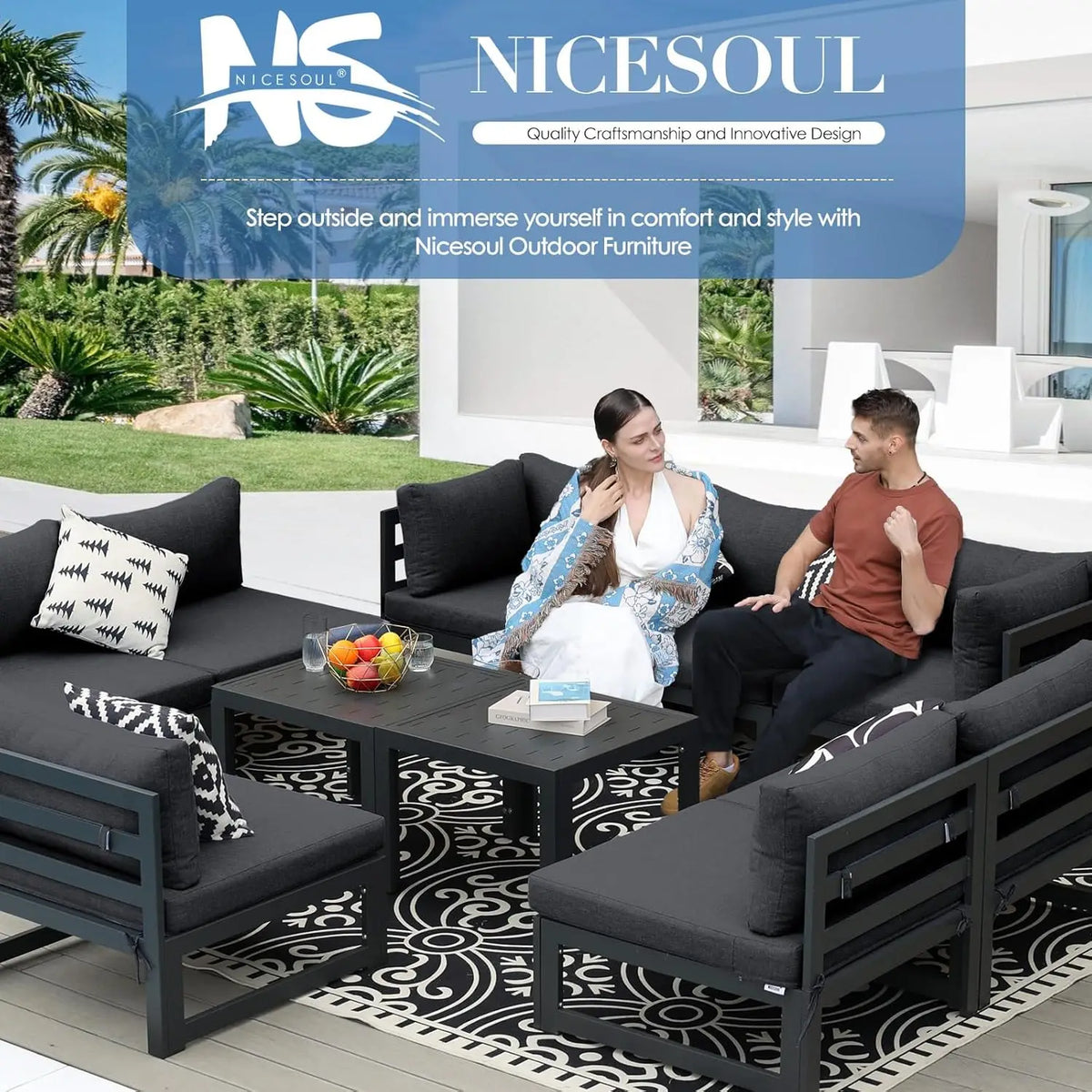 5 Person Luxury Aluminum Outdoor Sectional Sofa with Side Table, Large L Shaped Patio Furniture Set, 29