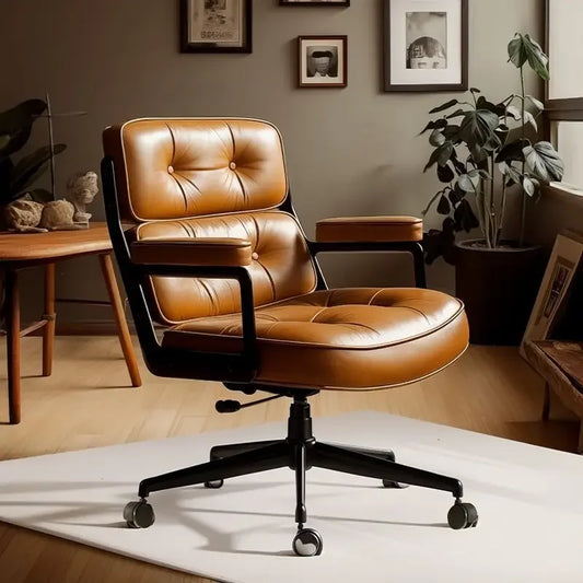 Retro Leather Office Chair, Mid-Century Inspired Swivel Desk Chair for Home Office, Study & Vintage-Contemporary Decor