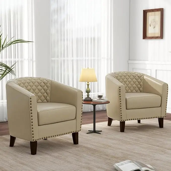 Faux Leather Barrel Accent Chairs Set of 4, Modern Club Arm Chair Comfy Upholstered Single Sofa Chair, Beige