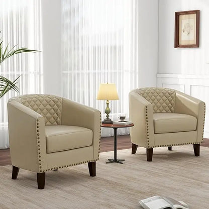 Faux Leather Barrel Accent Chairs Set of 4, Modern Club Arm Chair Comfy Upholstered Single Sofa Chair, Beige