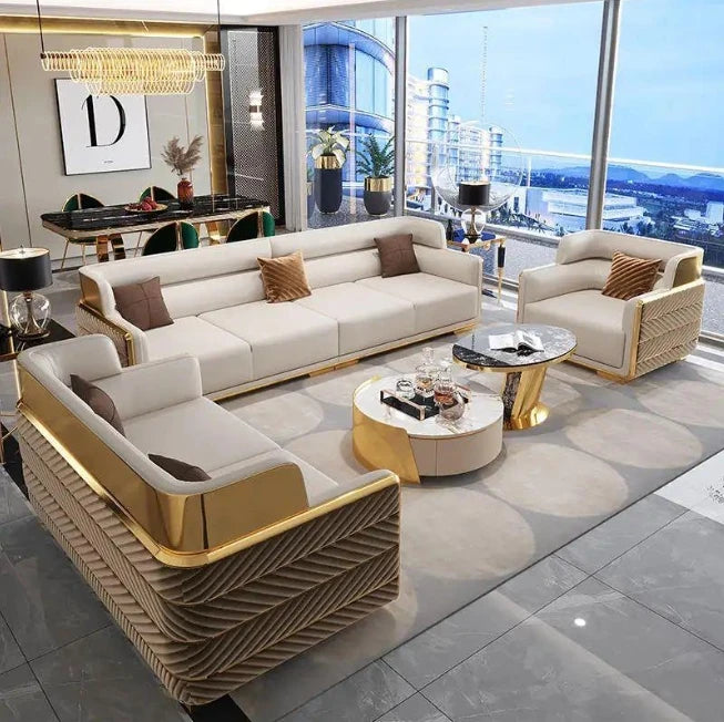 Luxury Furniture Italian Design Living Room Sofa Beige Velvet Fabric Upholstery Sofa Set Furniture for Villa