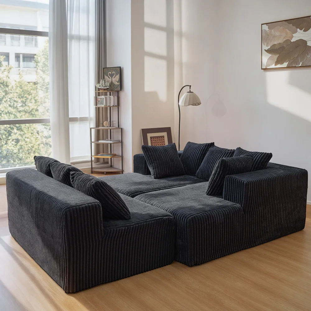 U-Shaped Sectional Sofa,130-inch 4-Seater Chaise Lounge with Striped Corduroy Fabric  Customizable Living Room or Bedroom Couch