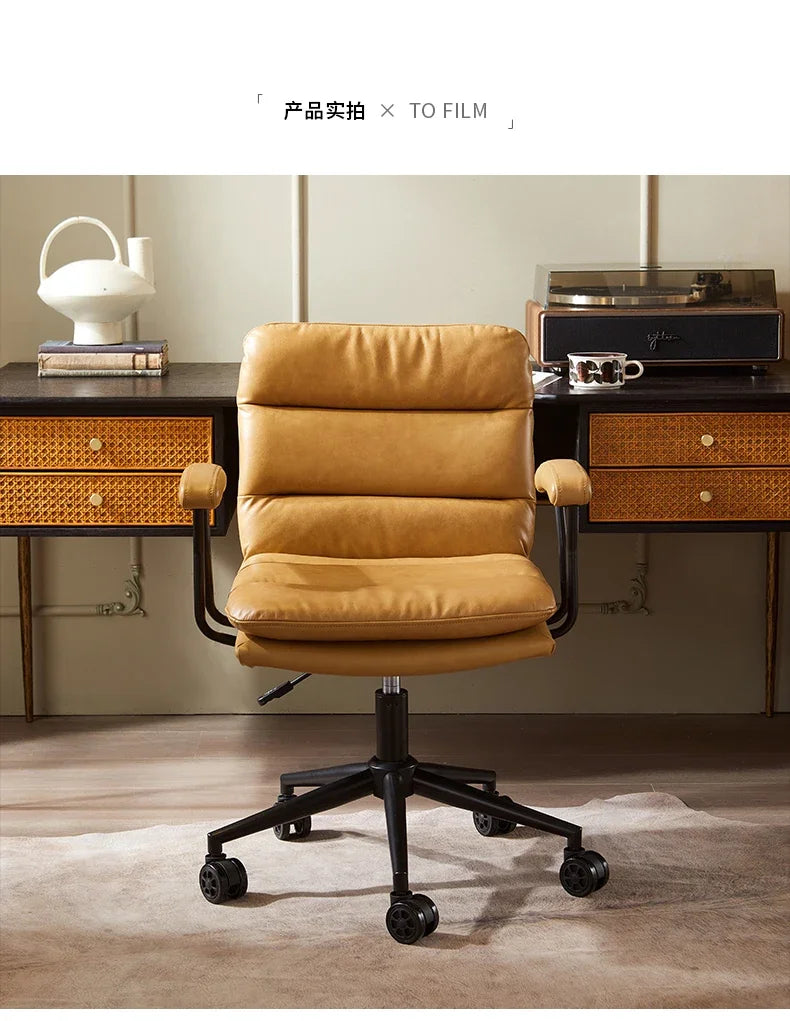 N Nordic Simple Leather Office Chair Home Comfortable Computer Swivel Chair Mid-Ancient Retro Iron Art Armchair