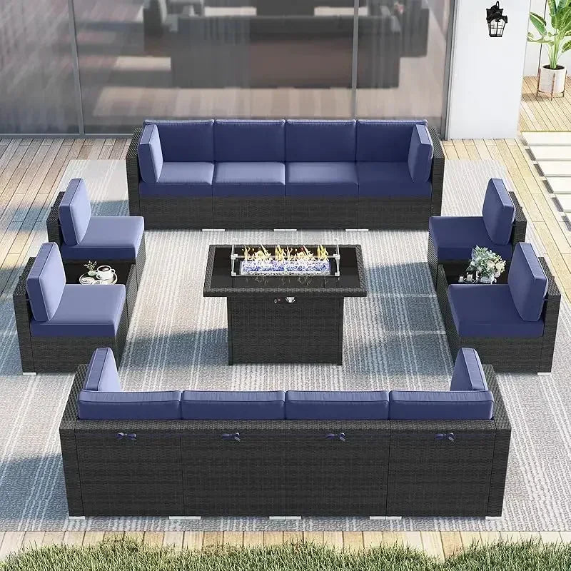 PatioLix 8 Piece Patio Furniture with 44"Propane Gas Fire Pit Table. Outdoor Sectional Conversation Set Wicker Rattan Sofa