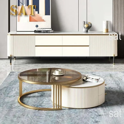 l # Modern Living Room Furniture Gold Base Stainless Steel Coffee Table White Stone Two Pieces Round Coffee Table And Tv Stand