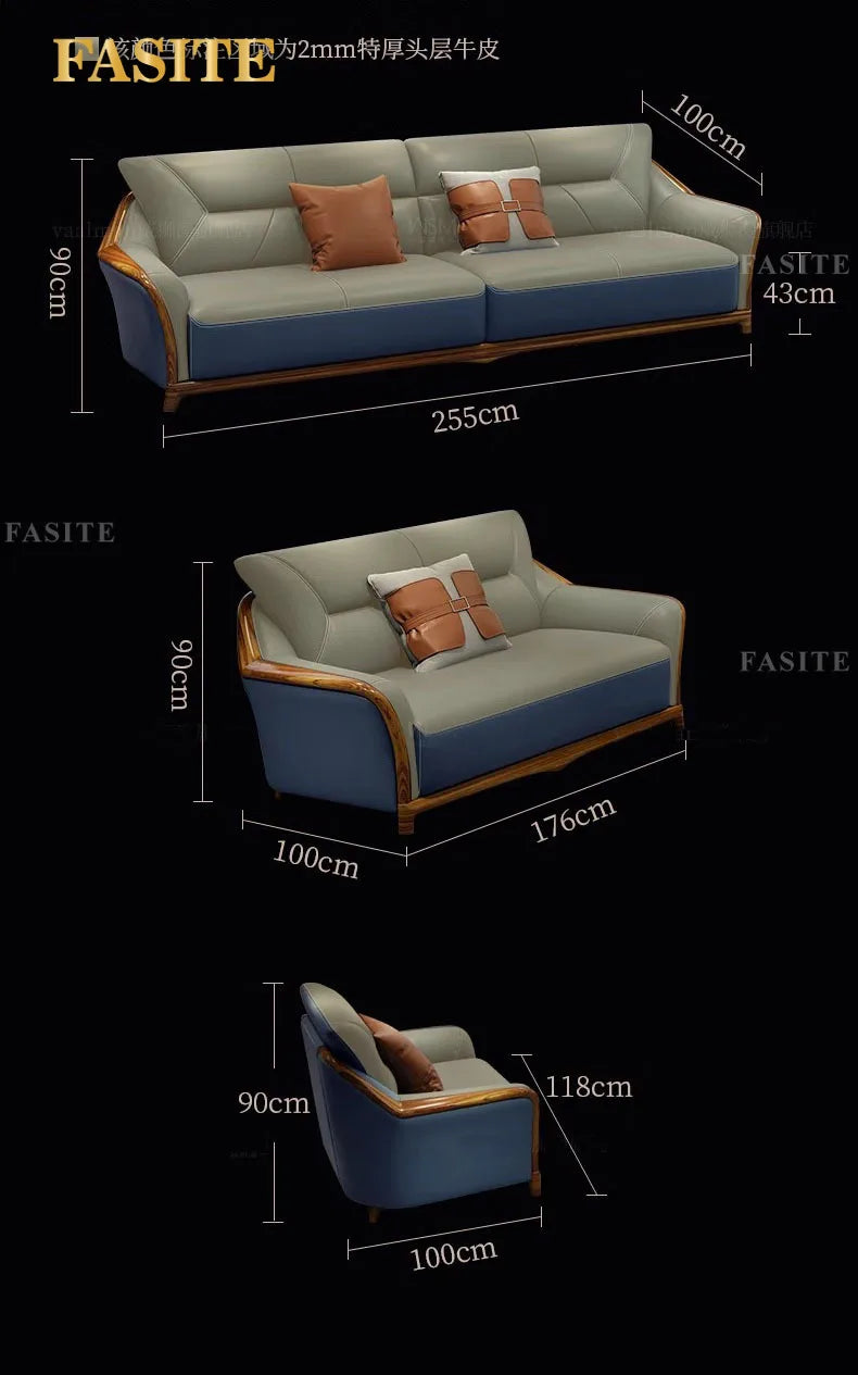 solid wood sofa leather first layer cowhide thick leather new Chinese style living room size apartment sofa combination set