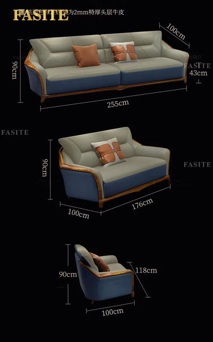 solid wood sofa leather first layer cowhide thick leather new Chinese style living room size apartment sofa combination set