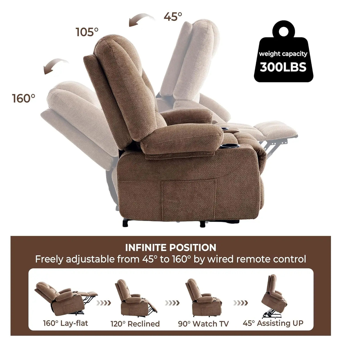 Manual Recliner Massage Heat Breathable Fabric 2 Cup Holders Side Pockets Overstuffed Living Room Brown Customized