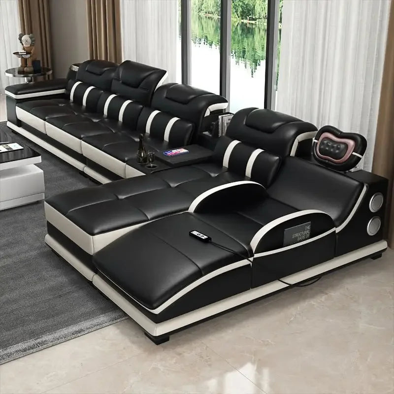 Genuine Leather Sectional Sofa with Bluetooth Speaker, Massage Chaise L Shape Corner Sofa，Functional Headrest