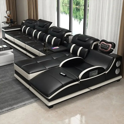 Genuine Leather Sectional Sofa with Bluetooth Speaker, Massage Chaise L Shape Corner Sofa，Functional Headrest