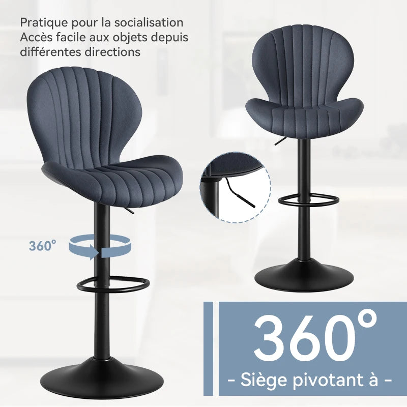 Chaise de bar 2 pièces, 360 °   Rotation, hauteur réglable, cuir artificiel rembourré avec dossier, adapté à la salle à manger