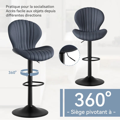 Chaise de bar 2 pièces, 360 °   Rotation, hauteur réglable, cuir artificiel rembourré avec dossier, adapté à la salle à manger
