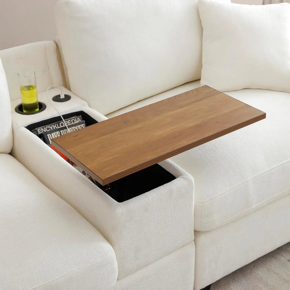 120.3" Modern L-Shaped Sectional Sofa with 360°Swivel Drop-Down Table, Storage Armrest, USB Ports & Movable Storage Ottoman – Pl