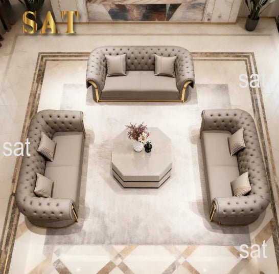 3-Seat Modern Chesterfield Sofa Set Curved Design Gold Decorated Napa Leather Sofa Apartment Living Room Furniture