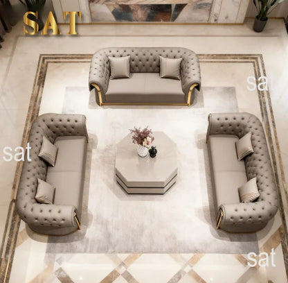 3-Seat Modern Chesterfield Sofa Set Curved Design Gold Decorated Napa Leather Sofa Apartment Living Room Furniture