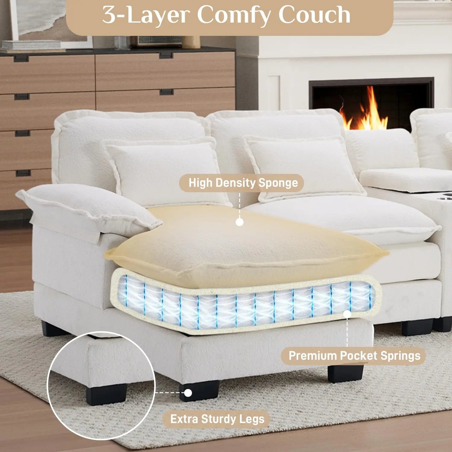 U Shaped Sectional Sofa 133" Modular Fluffy Chenille Double Chaise Lounge Central Console USB Port Living Room White Customized