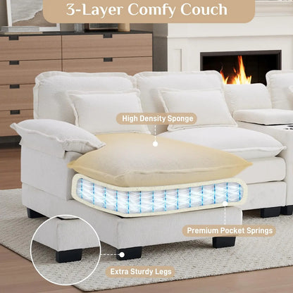 U Shaped Sectional Sofa 133" Modular Fluffy Chenille Double Chaise Lounge Central Console USB Port Living Room White Customized
