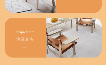 Nordic Solid Wood Design Saddle Leather Hunting Chair Living Room Balcony Wabi Sabi Single Deck Chair