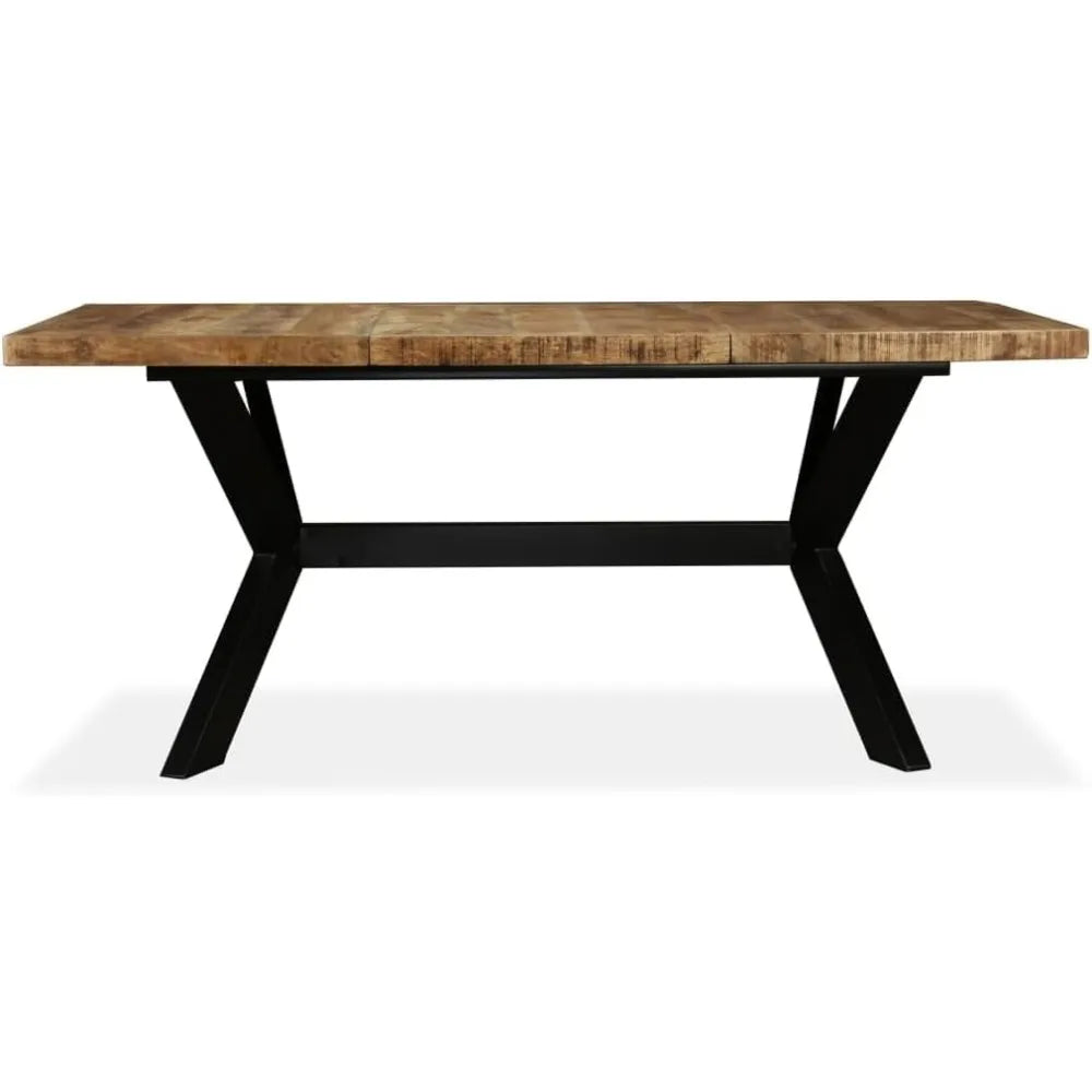 Solid Mango Wood Dining Table with Black Steel Frame, 70.9" x 35.4" x 29.9", Seats 4-6, Polished Finish, Perfect for Kitchen and
