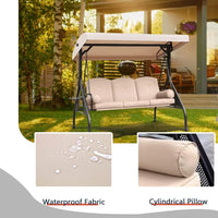Patio Porch Swing 3Seat Outdoor Swing with Adjustable Canopy Waterproof Fabric Cushion Pillow and Foldable Side Tray for Patio